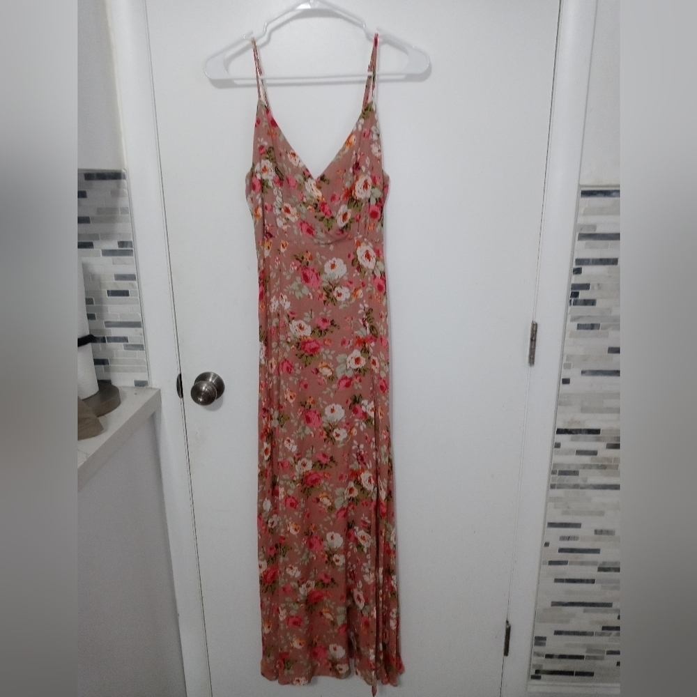 Lulu's long Line Floral Spaghetti Strap Semi sheer Side split Boho Dress XS